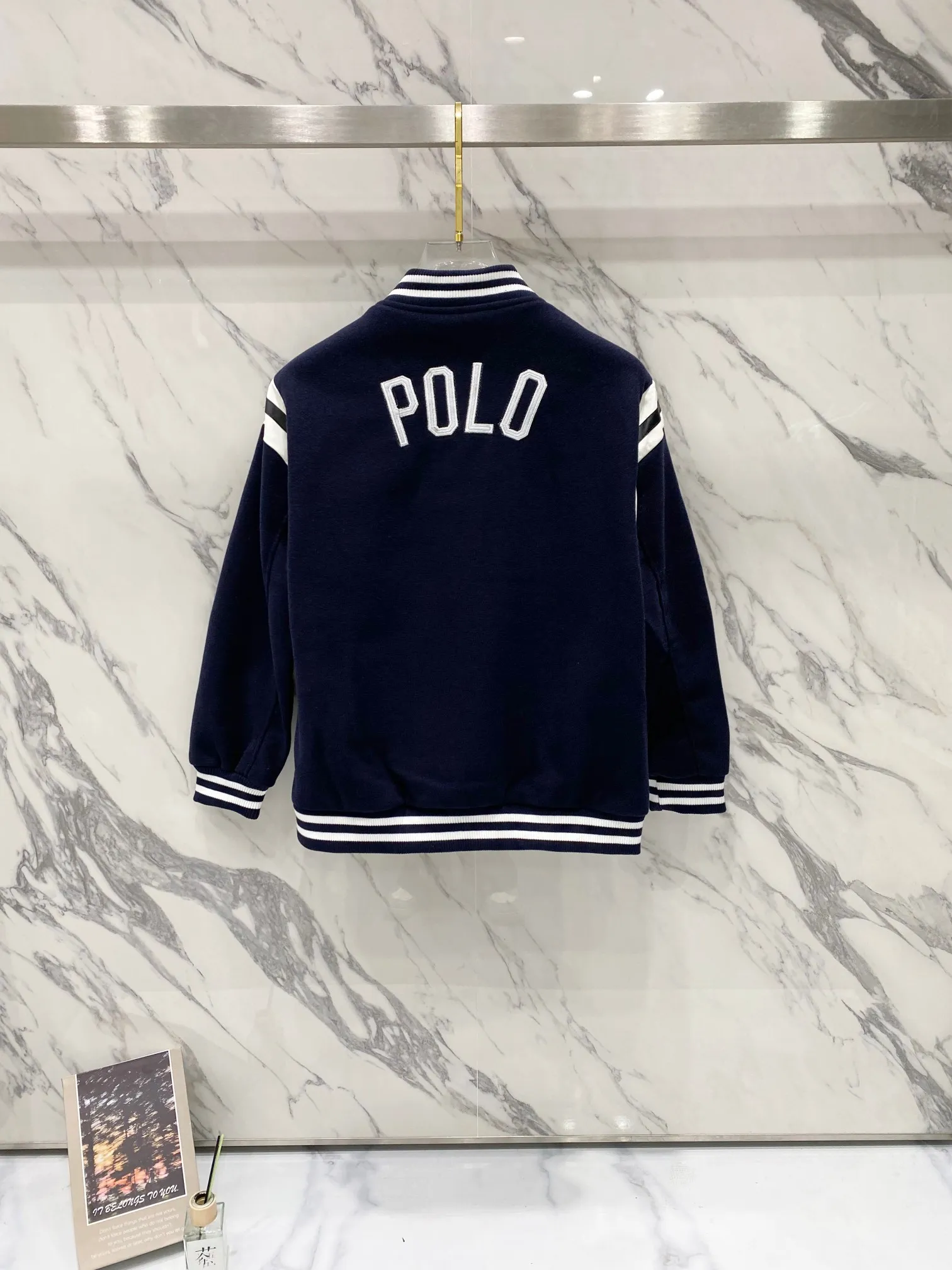 P310 Ralph Lauren Pony Embroidered American Retro Wool Spliced ​​Leather Baseball Jacket with Big Logo on the Back Color: Navy Size: m-XL